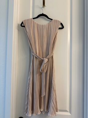 DKNY Beige Pleated Sleeveless Midi Dress with Self Tie